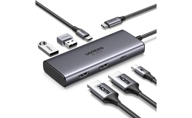 UGREEN (6-in-1) Docking Station, USB C Hub with Dual 4K@60Hz, Single 8K@30Hz, 100W Power Delivery, 3X 5Gbps USB Data Ports, USB-C Dock for ThinkPad, HP, Dell Laptops and More